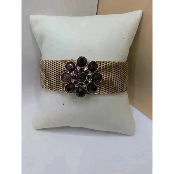 Monet Signed Vintage Goldtone Bracelet Purple Orange Bead Cuff - Picture 6 of 7